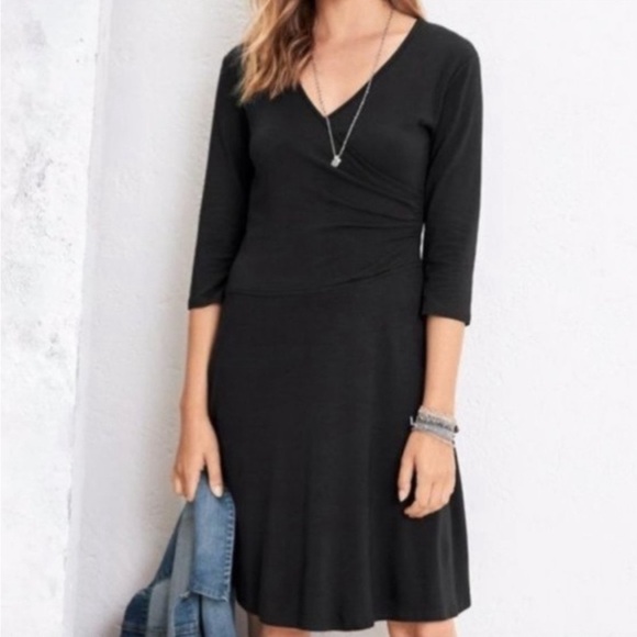 Garnet Hill medium Brianna Surplice Stretch Knit Faux Wrap V neck Dress black - Picture 1 of 12